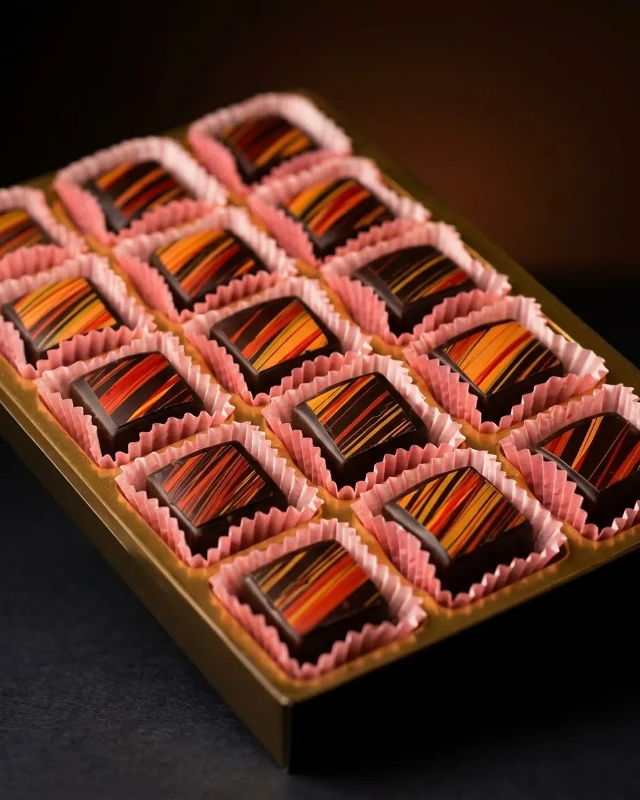 Dark chocolate squares with orange and red stripes, in pink paper cups on a gold tray